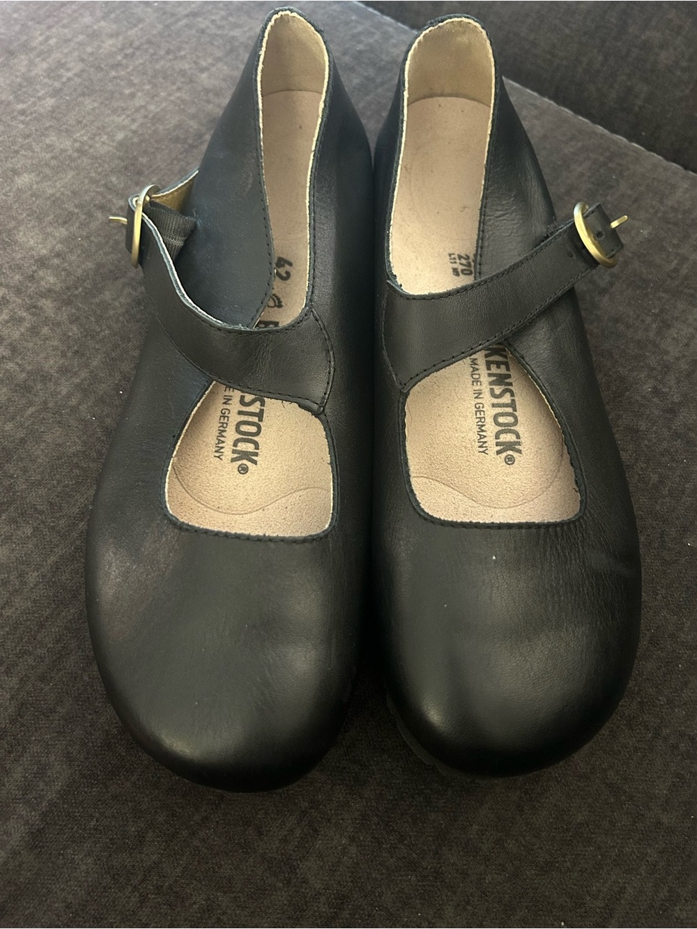 Birkenstock Black Leather Mary-Jane Flats with Gold Buckle